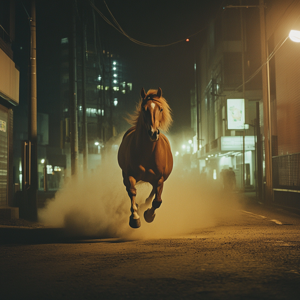 Giant Horse Galloping Ethereal City Street Night Photo