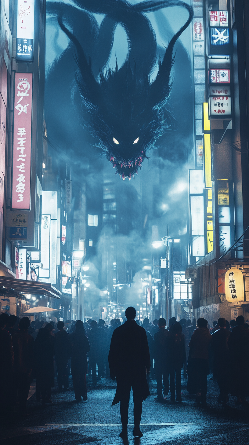 Giant Kitsune casts shadow over empty Shibuya intersection.