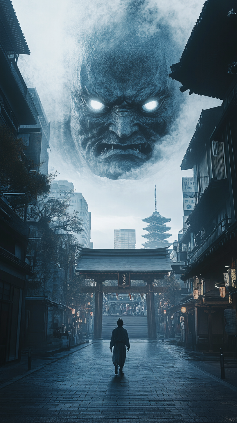 Giant Noh mask yokai floating over Shinto shrine.