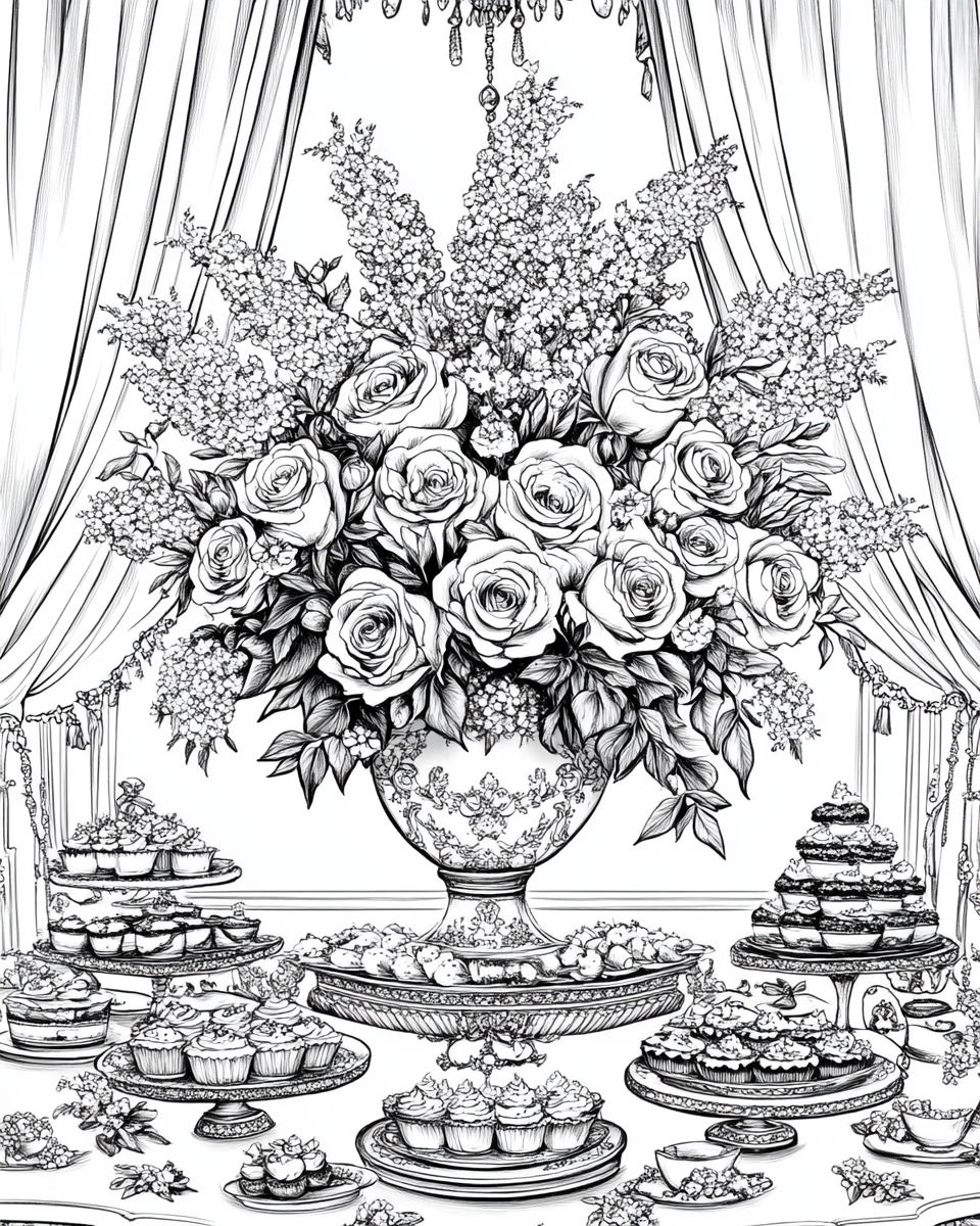 Giant Roses in Tall Chinese Vase Coloring Page