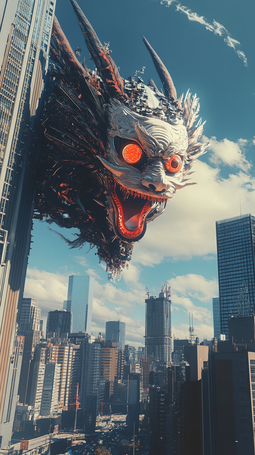 Giant Tengu mask yokai peering over Tokyo skyscraper.