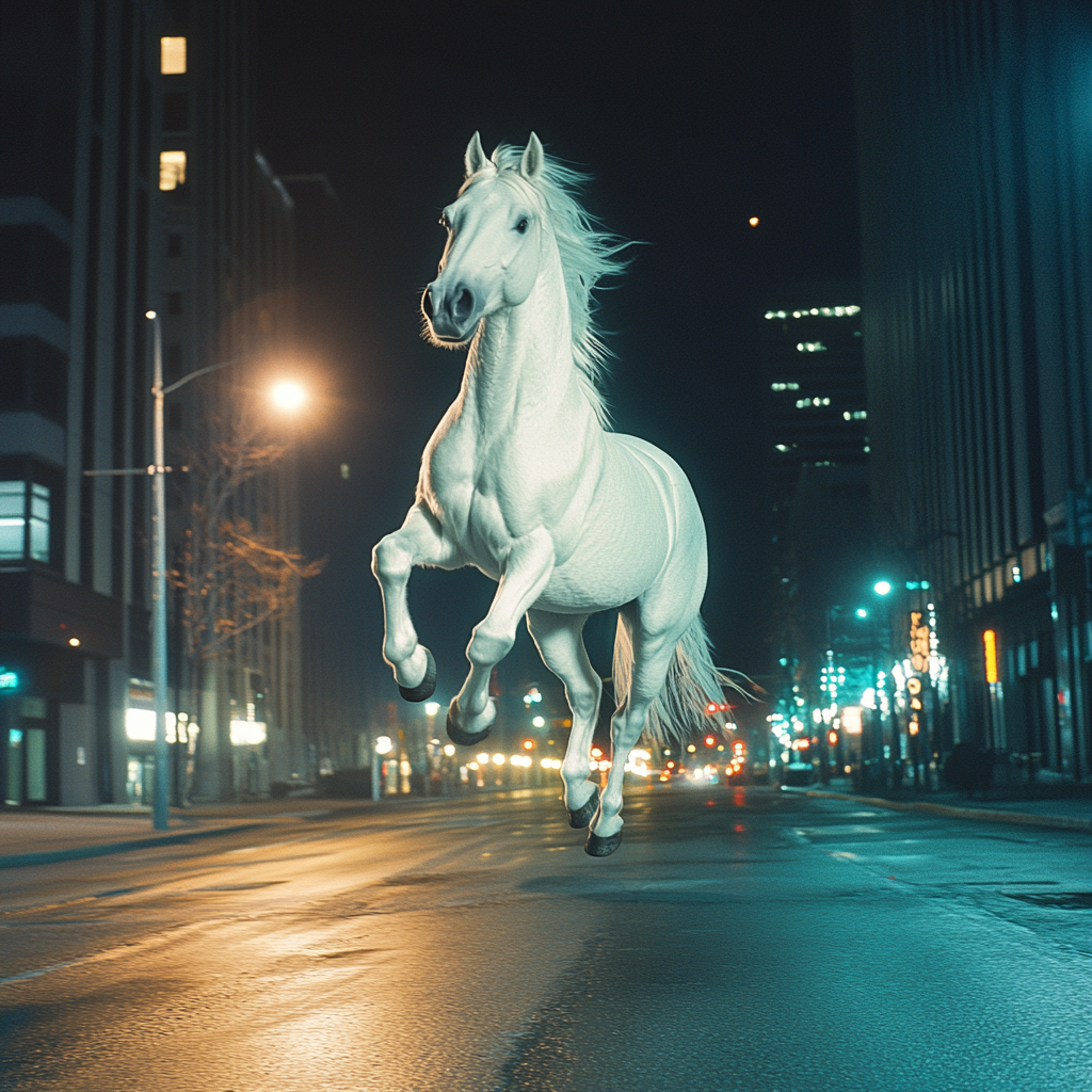 Giant White Pony Galloping in City Night Scene