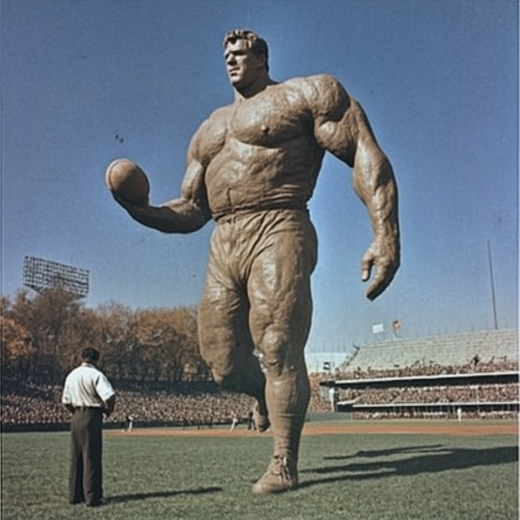 Giant baseball players pitch in oversized stadium