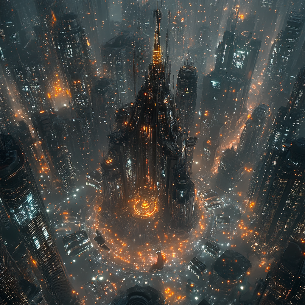 Giant cityscape titan with lights, futuristic design, night scene.