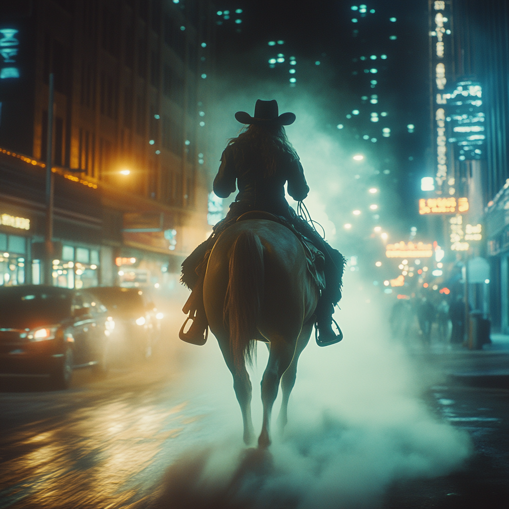 Giant cowgirl on horse in city, fantastical urban night scene