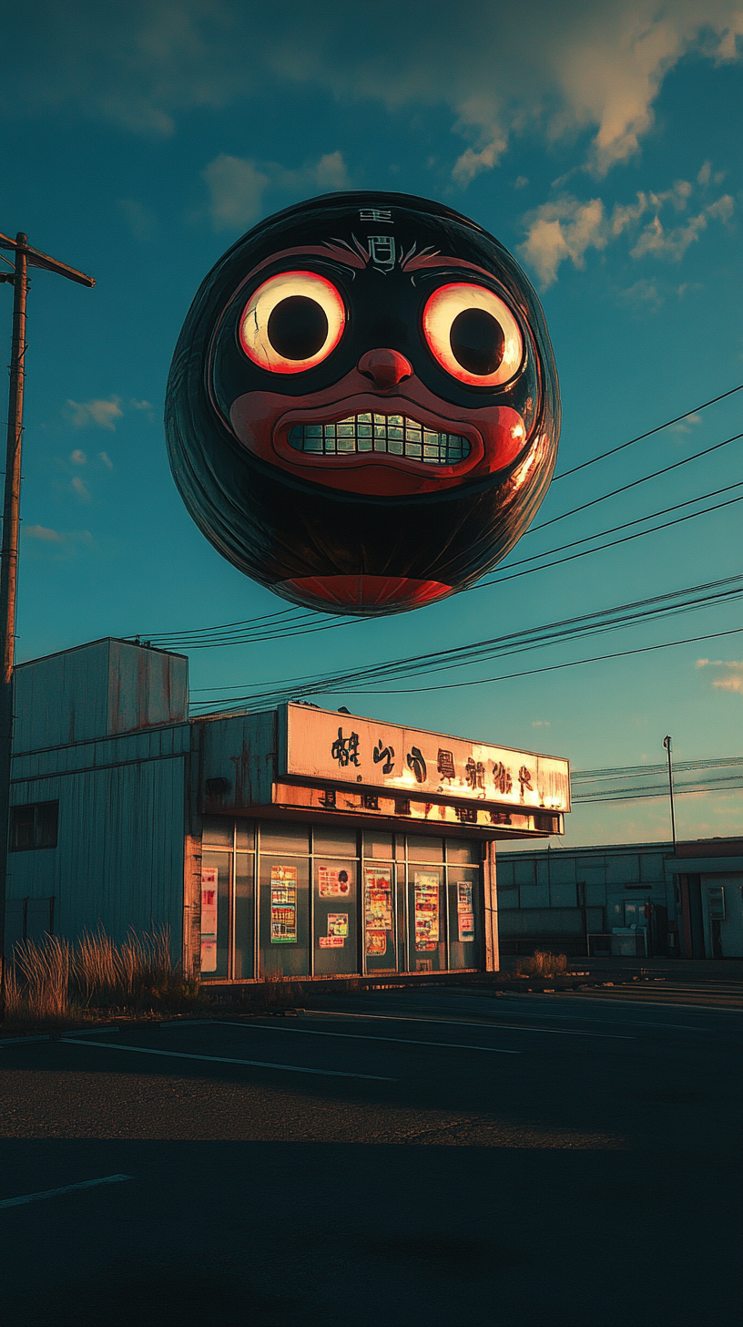 Giant daruma yokai hovers ominously above Japanese store.