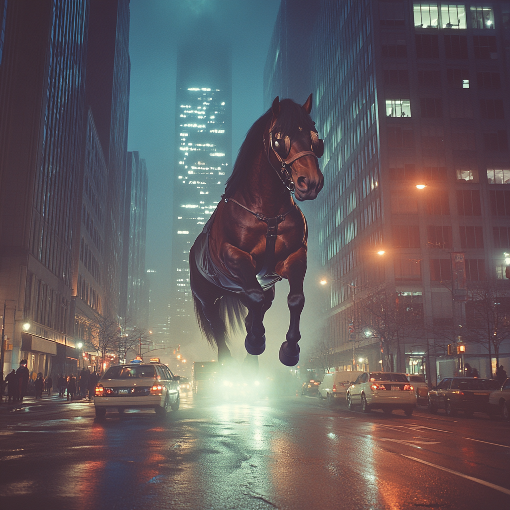 Giant ethereal horse in urban city at night