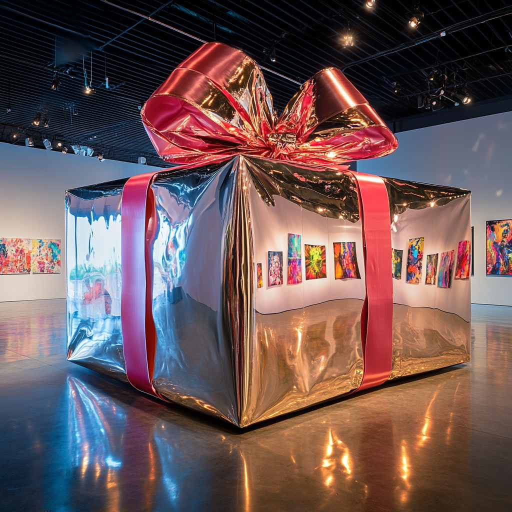 Giant gift box becomes magical art gallery surprise.