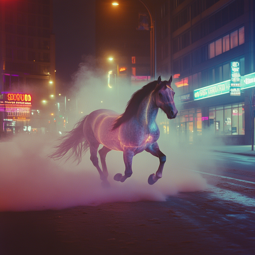 Giant horse galloping in city at night