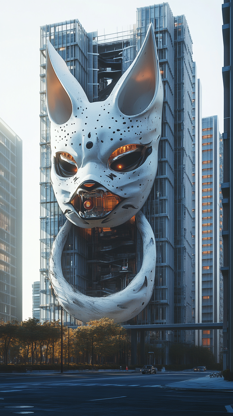 Giant kitsune mask yokai on modern building.