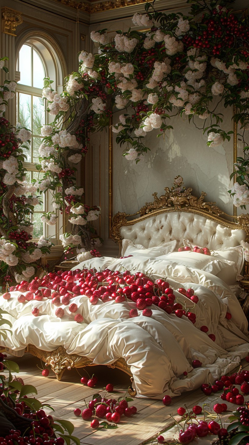 Giant layered cake bed surrounded by cherry trees indoors.