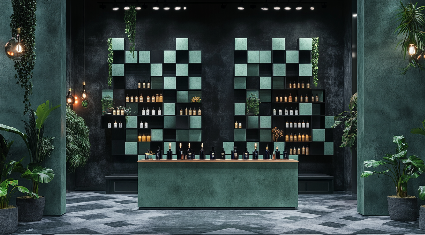 Giant minty green and black chessboard perfume stand.