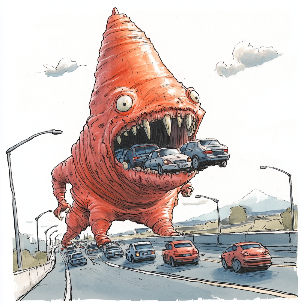 Giant monster traffic cone eats cars on highway