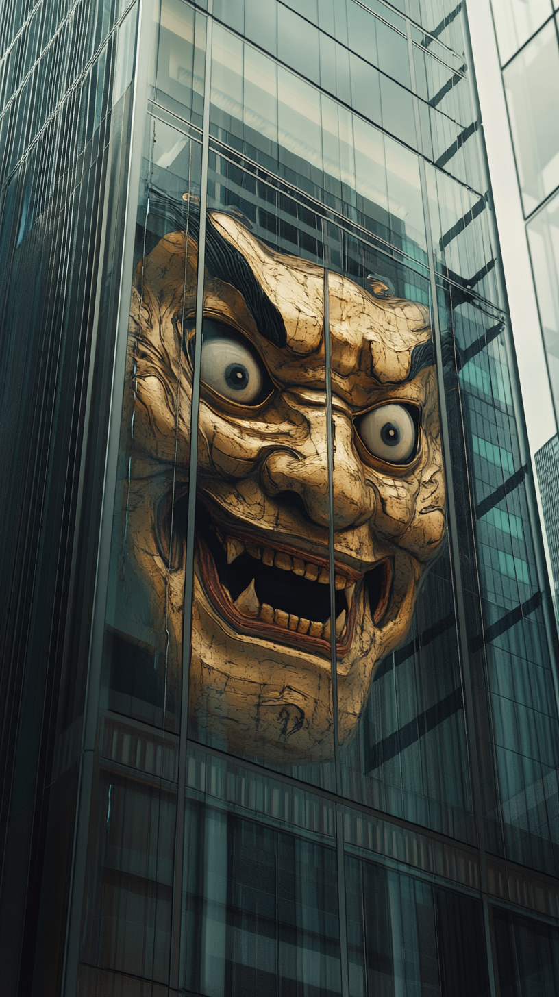 Giant oni mask yokai blends with Tokyo skyscraper.