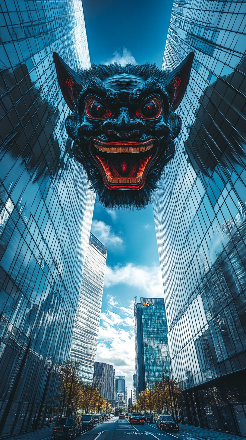 Giant oni mask yokai suspended in air Tokyo.