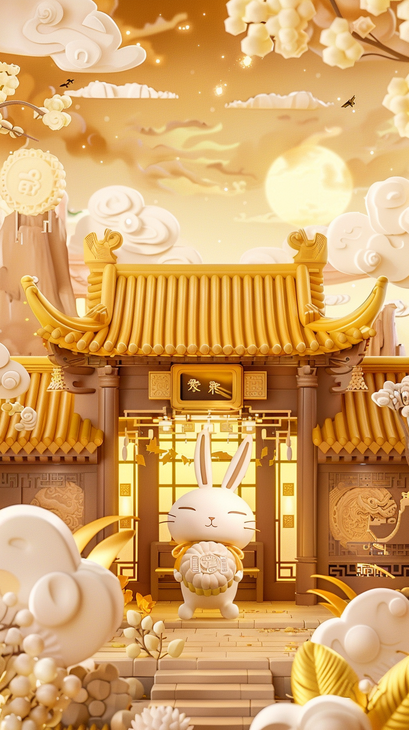 Giant rabbit holds mooncake in lovely Chinese shop.