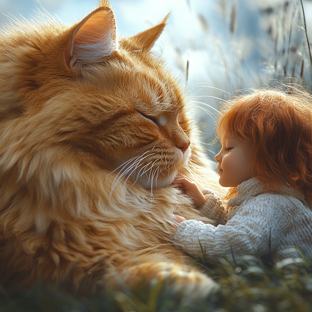 Giant red cat lies on grass, child strokes it.