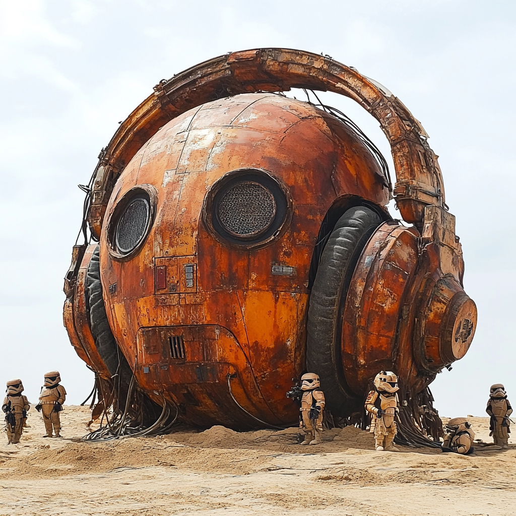 Giant rusty headphones in sand with small Jawas nearby.