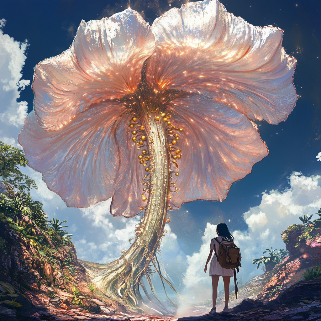 Giant shimmering ocean-like flower with golden pearls, girl looking up.