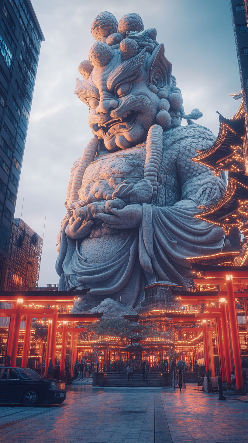 Giant stone Kitsune statue amidst modern buildings.