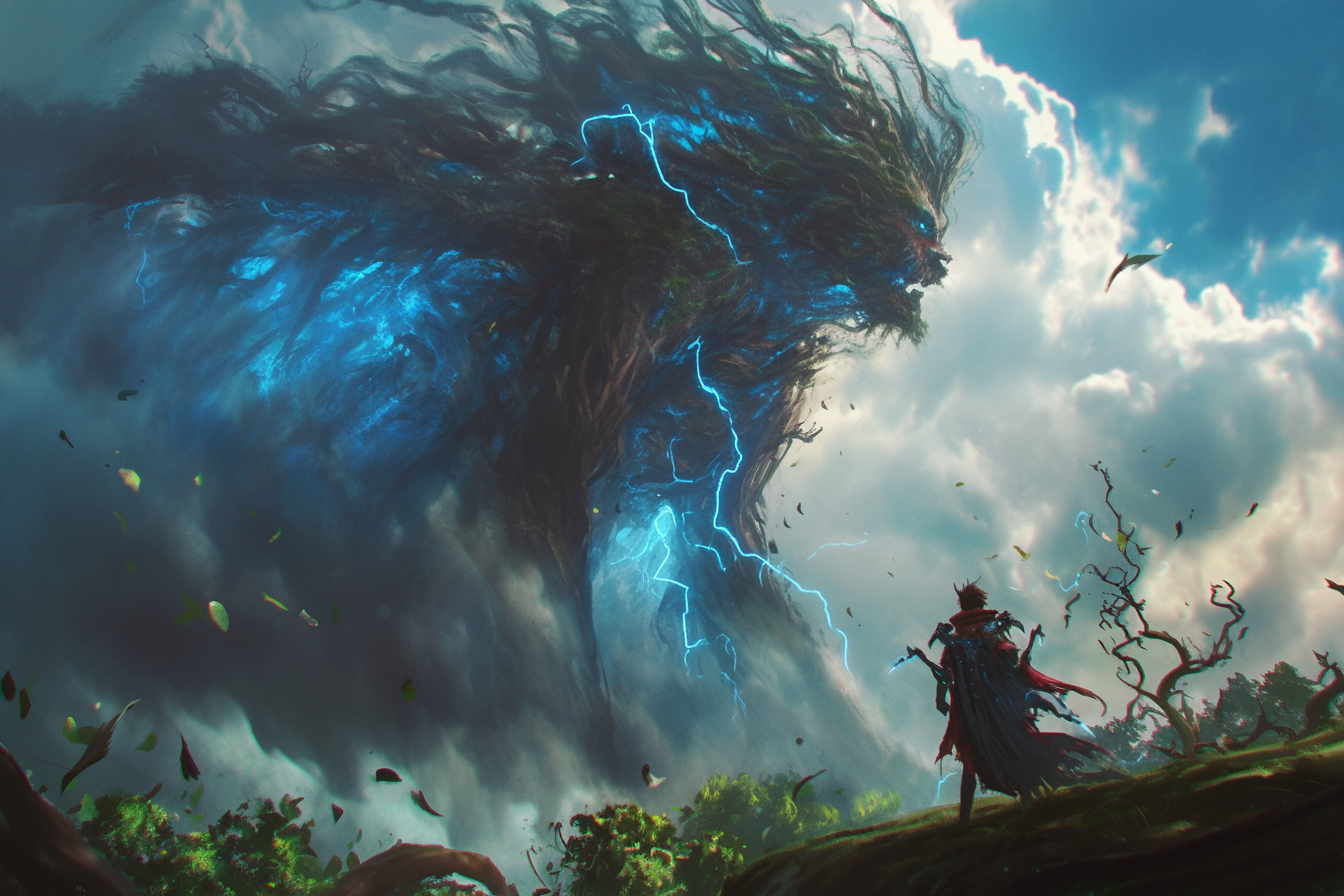 Giant tornado battles wind monster in detailed artwork styles.