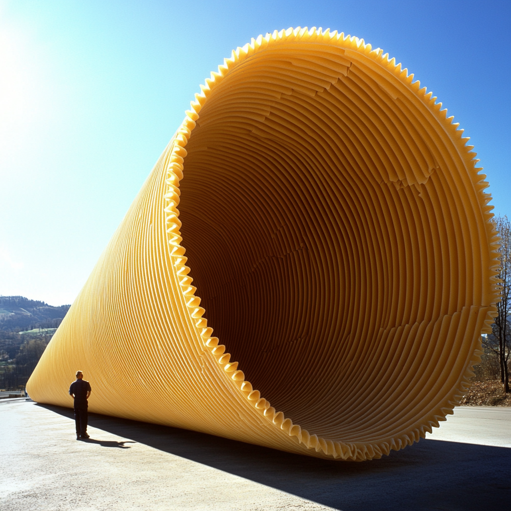 Giant tube pasta, 10 feet long, rustic charm.