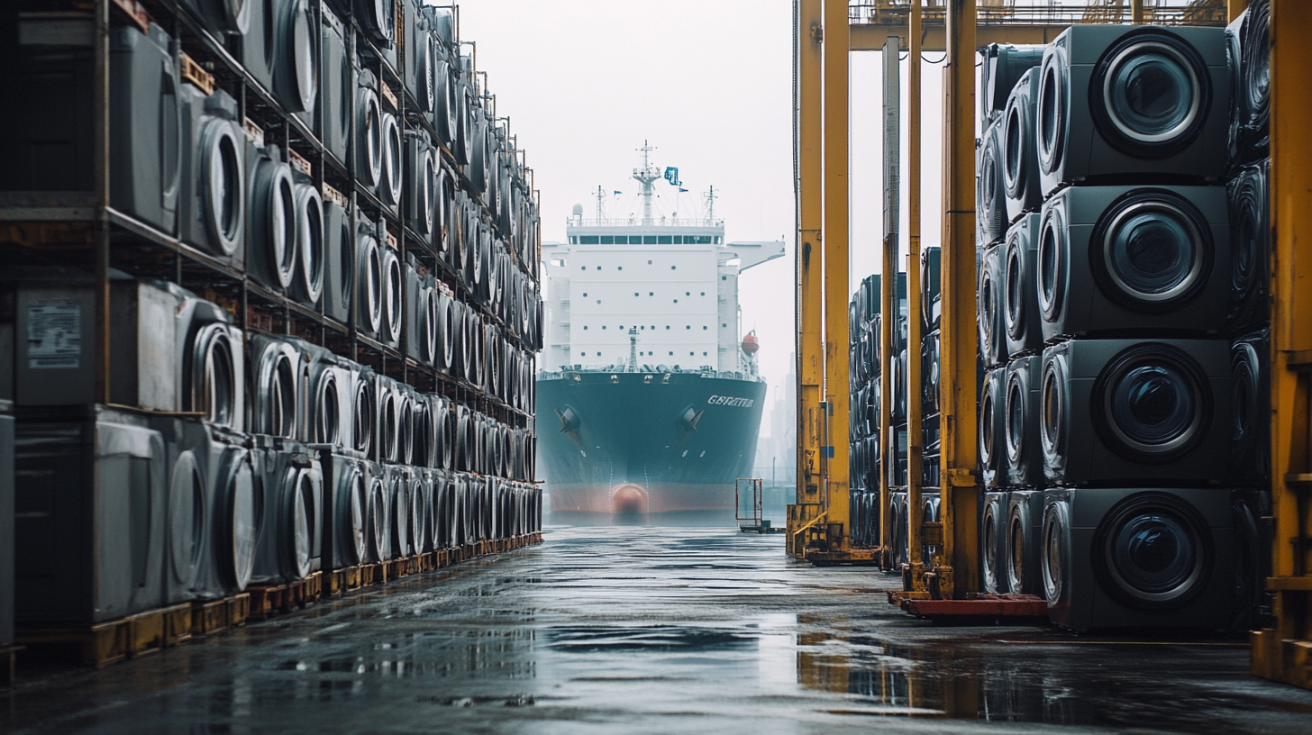 Giant washing machines stacked, ship at foggy dock.