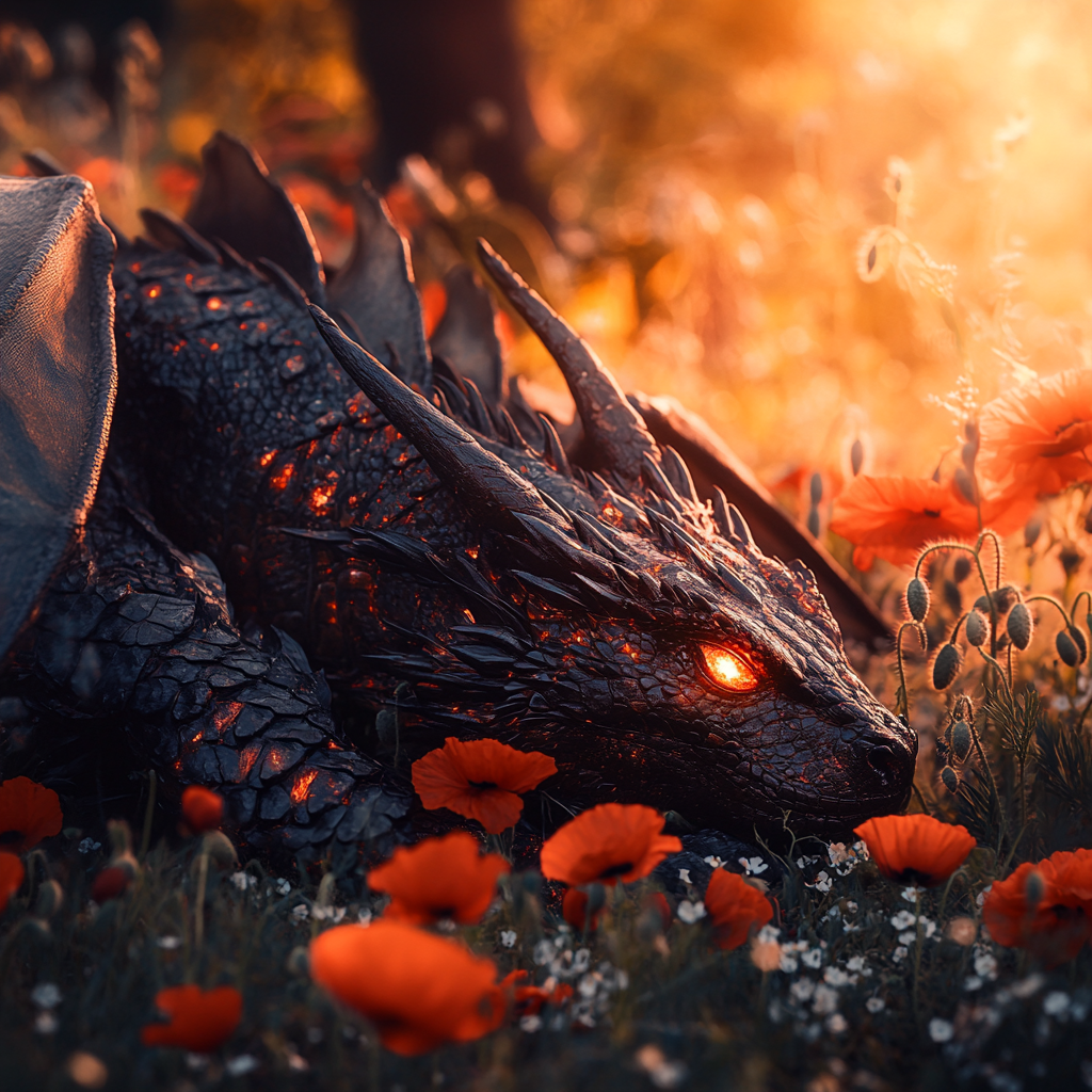 Gigantic black dragon asleep in meadow with flowers.