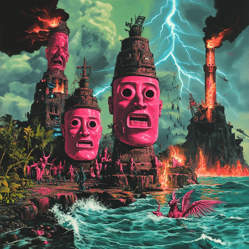 Gigantic pink Moai heads on surreal world landscape.