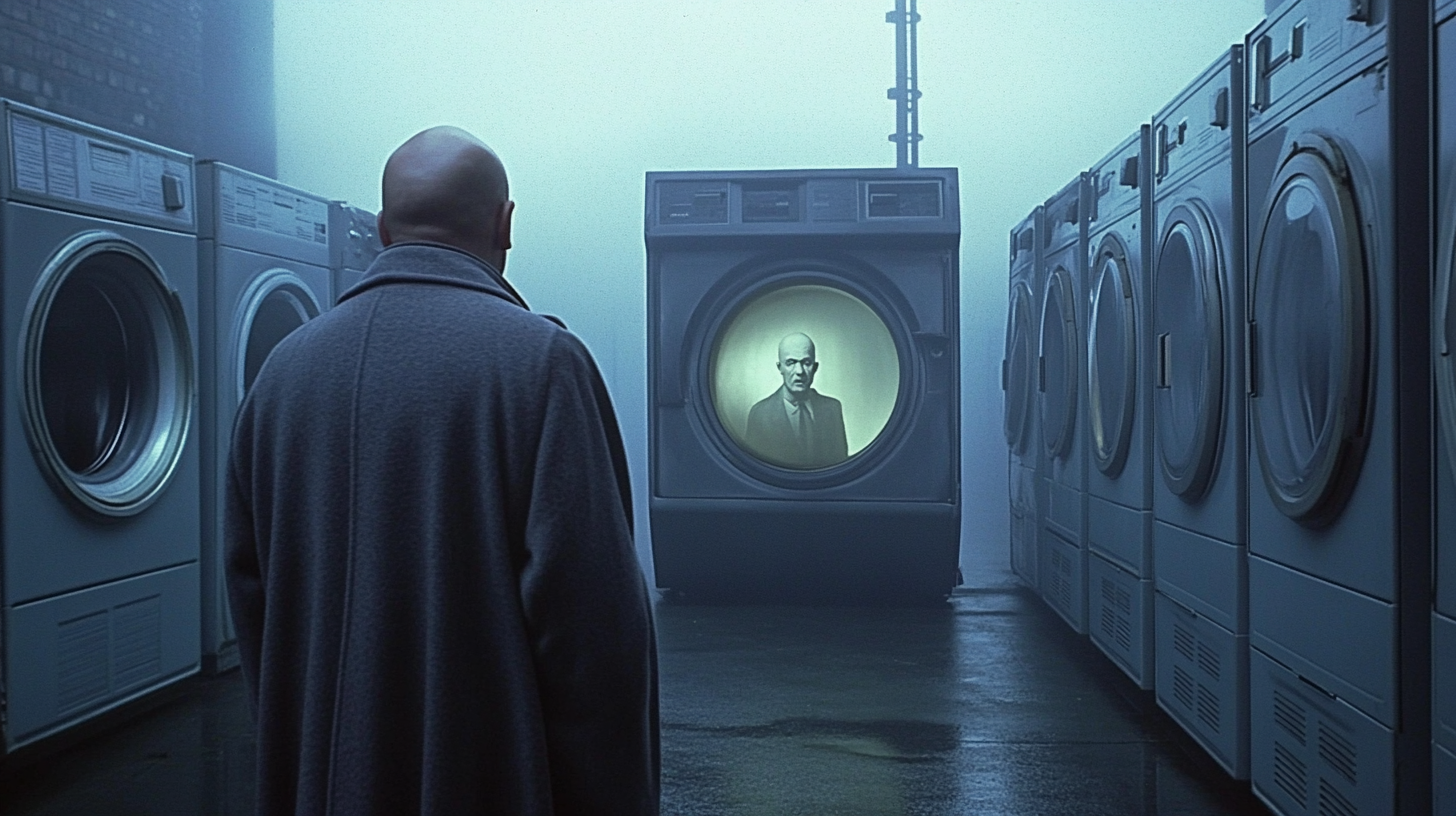 Gigantic washing machine with ghostly 1950s man's face