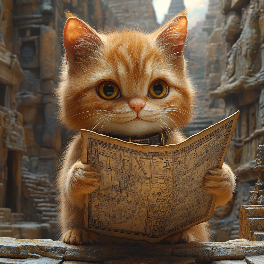 Ginger Cat in Mayan Civilization with Antique Map, 3D Cartoon