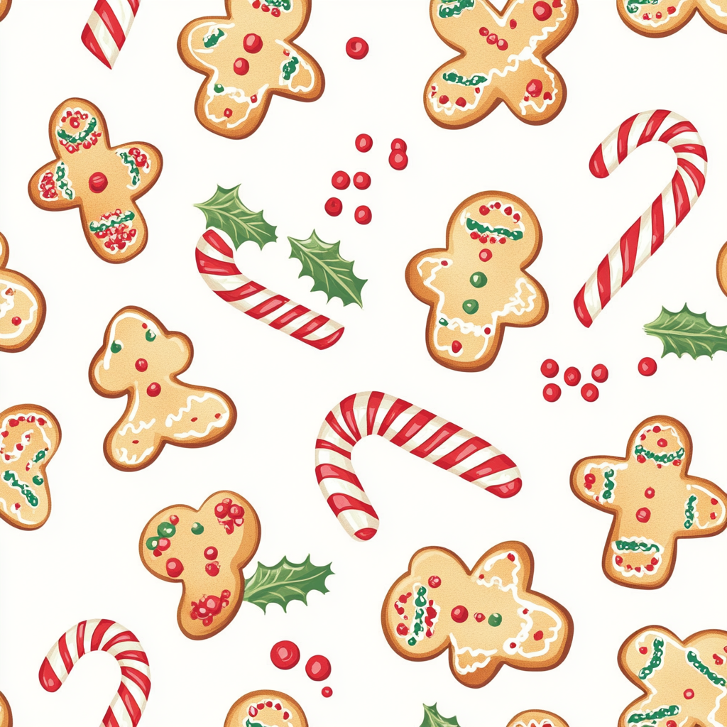 Gingerbread cookies, candy canes, holly leaves pattern.