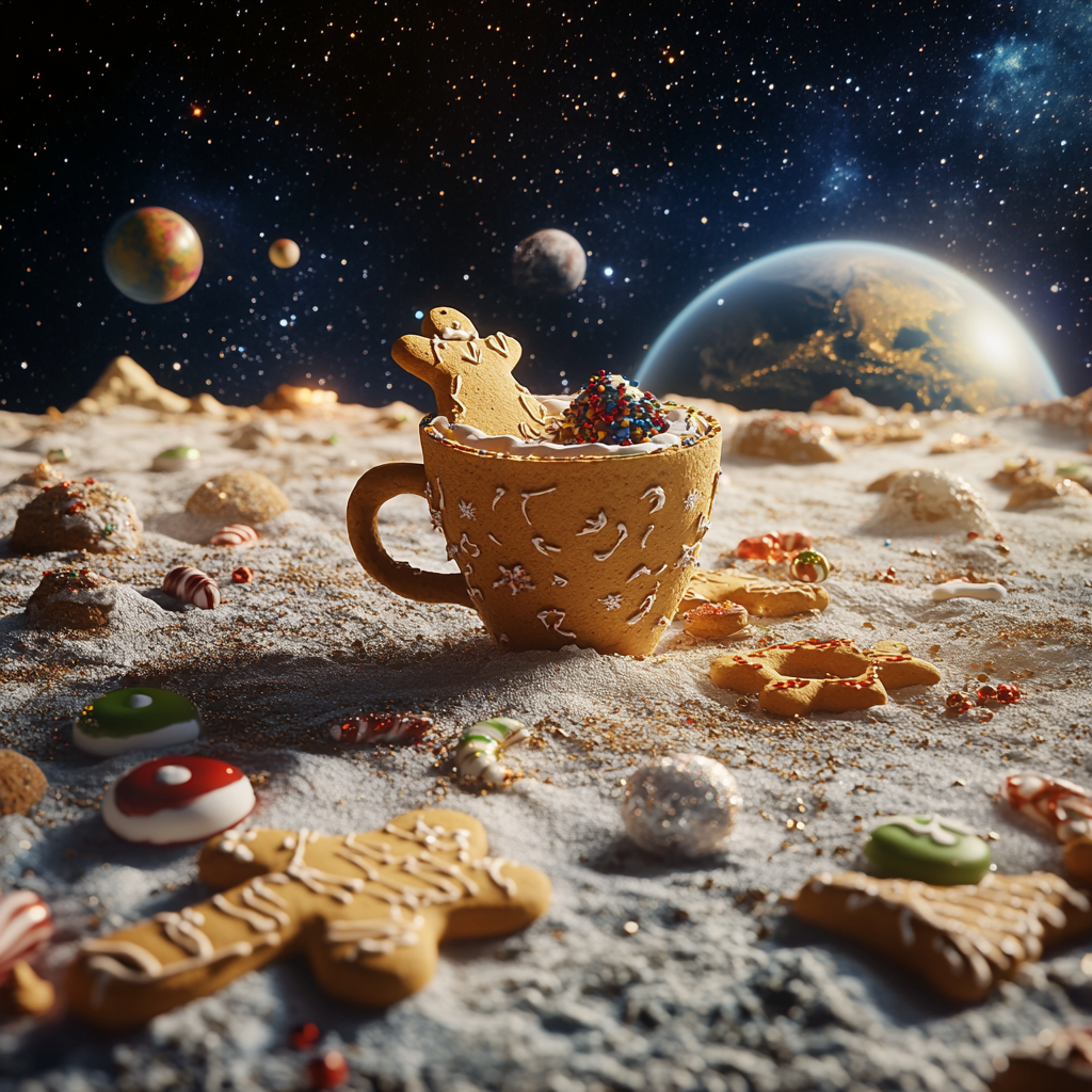 Gingerbread cup on moon with Christmas sweets glow.