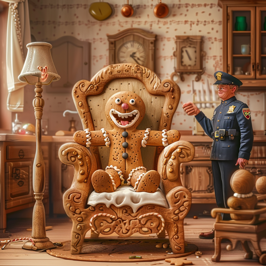 Gingerbread man on icing throne, man talks to police.