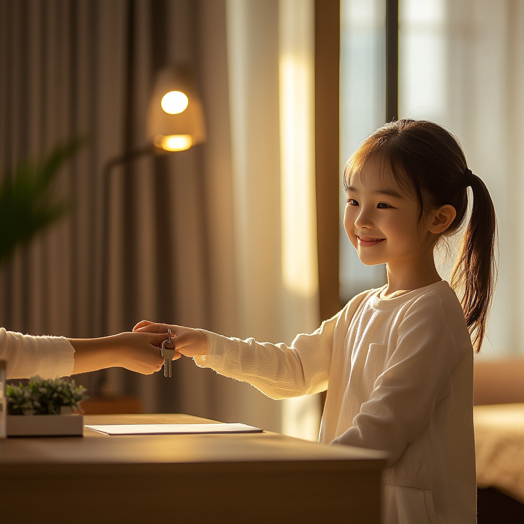 Girl Hands Key to Tenant in Bright Room