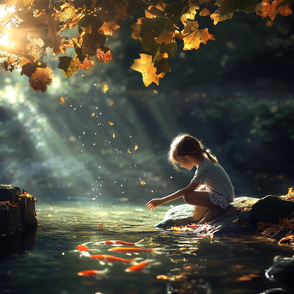 Girl Interacting with Koi Carp by a River