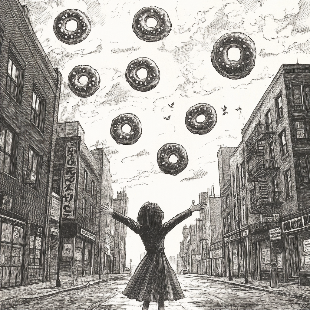 Girl Reaching for Donuts in Empty Street