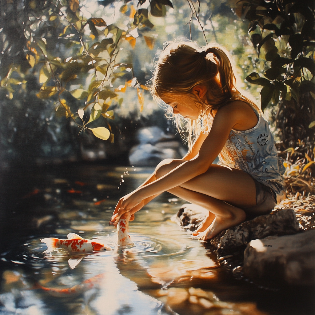 Girl Reaching for Koi Fish near River under Oaktree