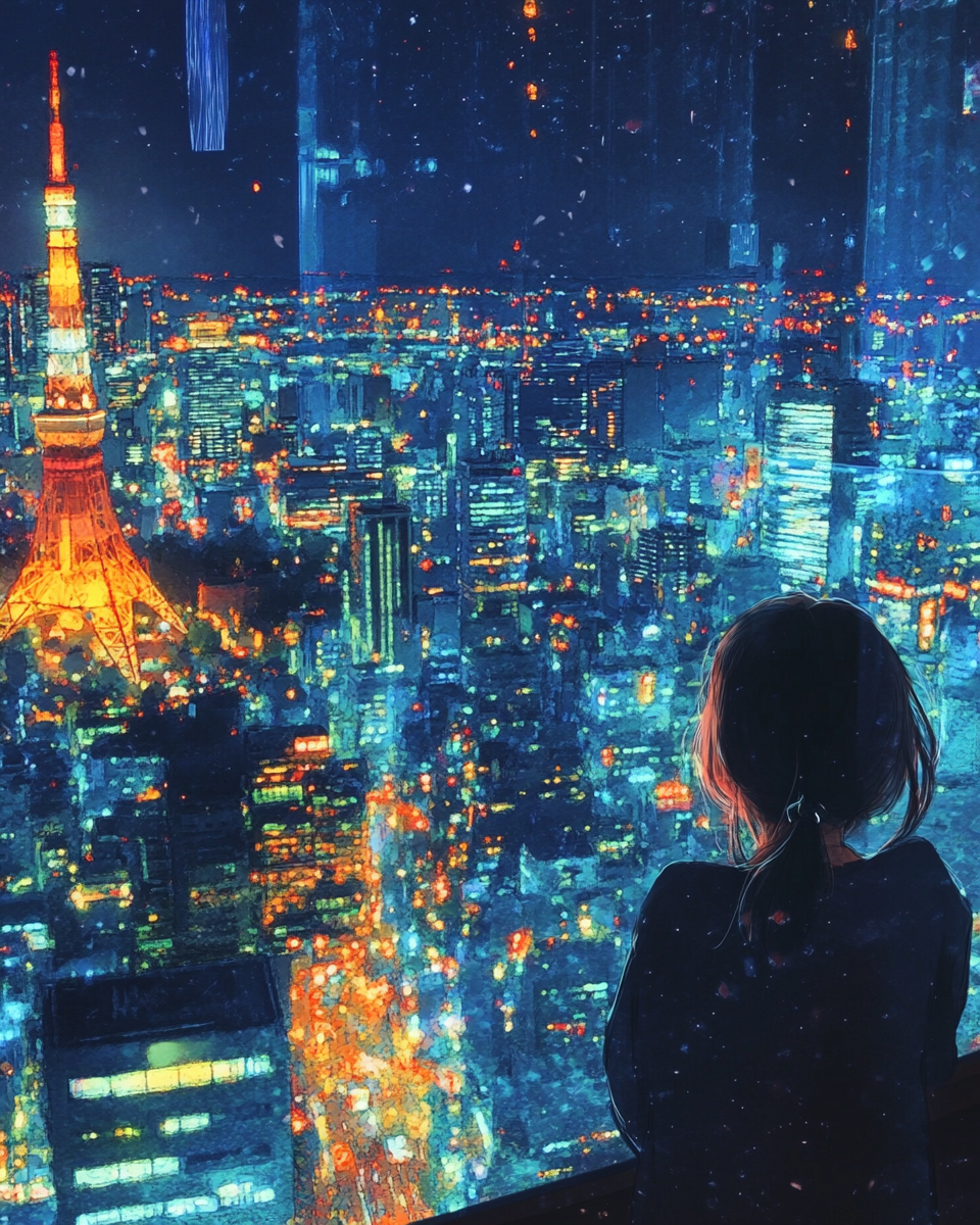 Girl admires Tokyo Tower night view, glittering and beautiful.