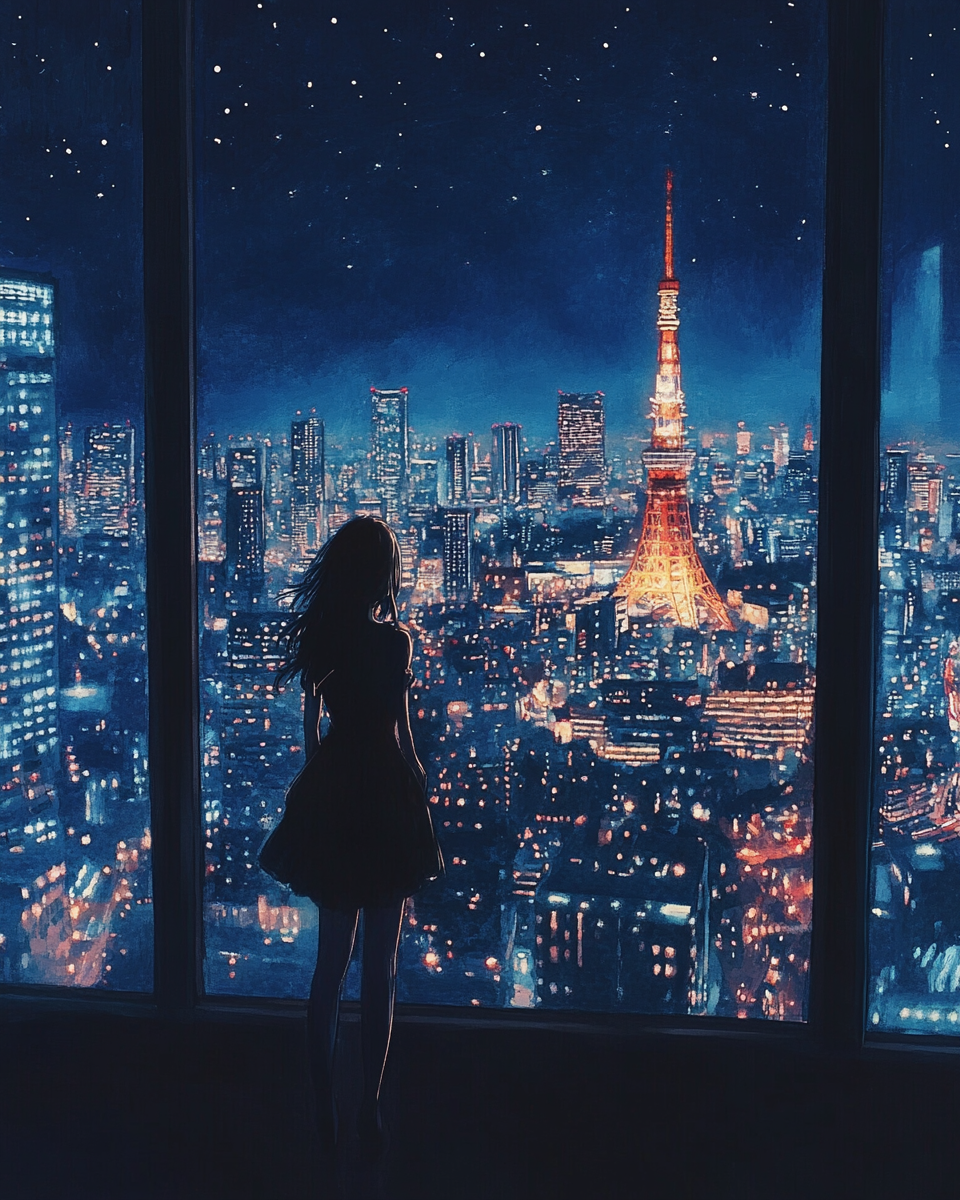 Girl admires Tokyo Tower night view- beautiful scenery.