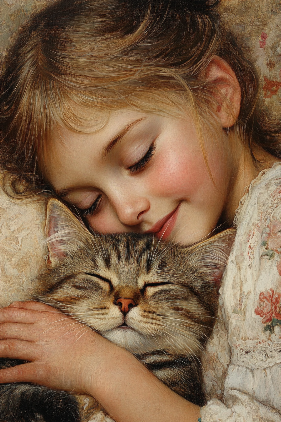 Girl and kitty cat snuggling, showing special bond.