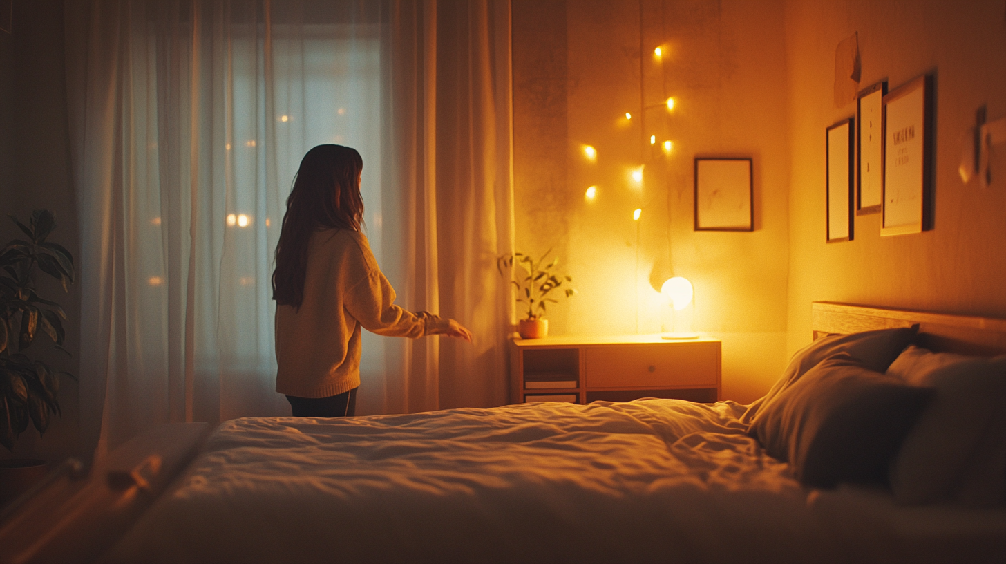 Girl arranging nightstand in cozy bedroom with warm colors.