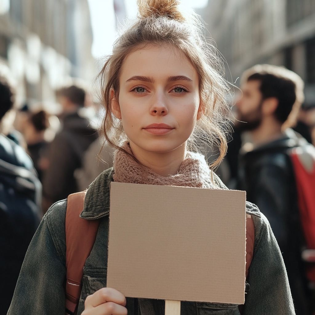 Girl at protest with square sign hyperrealism poster.