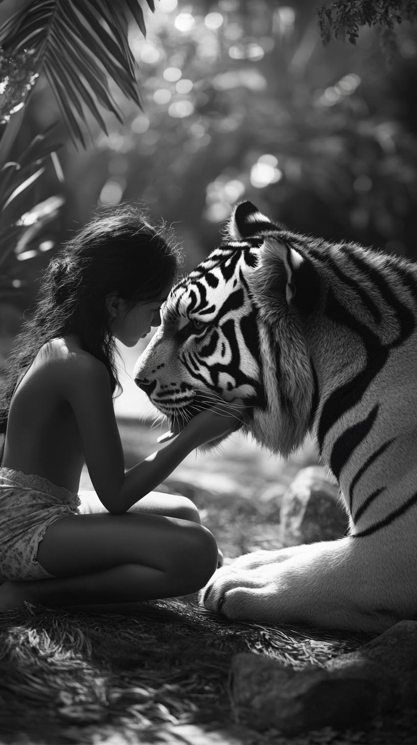 Girl brushes tiger's fur at dusk, strong bond shown.