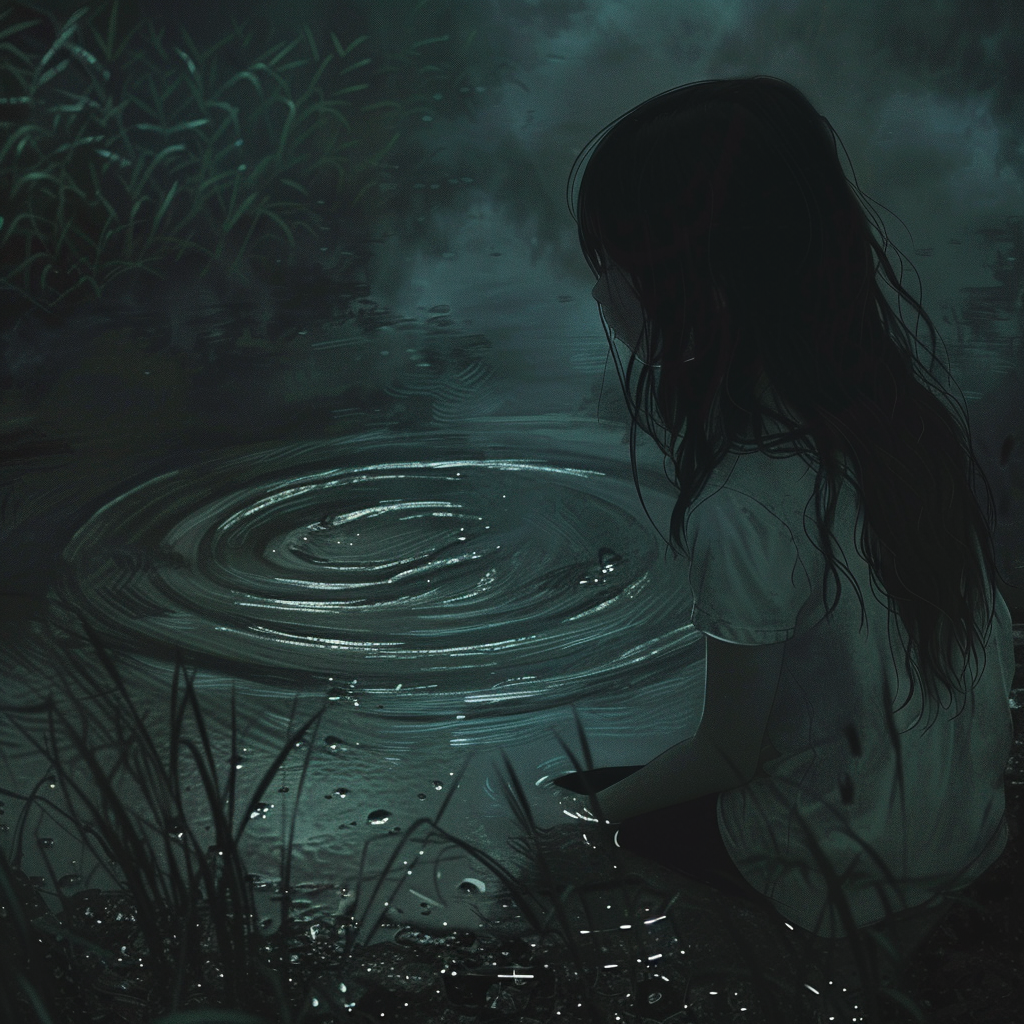 Girl by murky river, tense face, subtle ripple below.