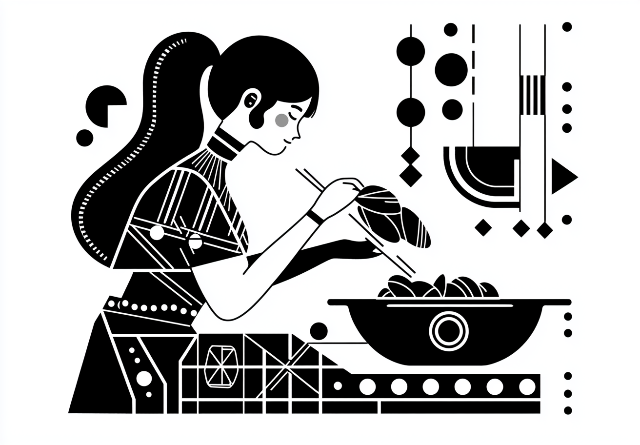 Girl cooks mussels in ancient Slavic style pan