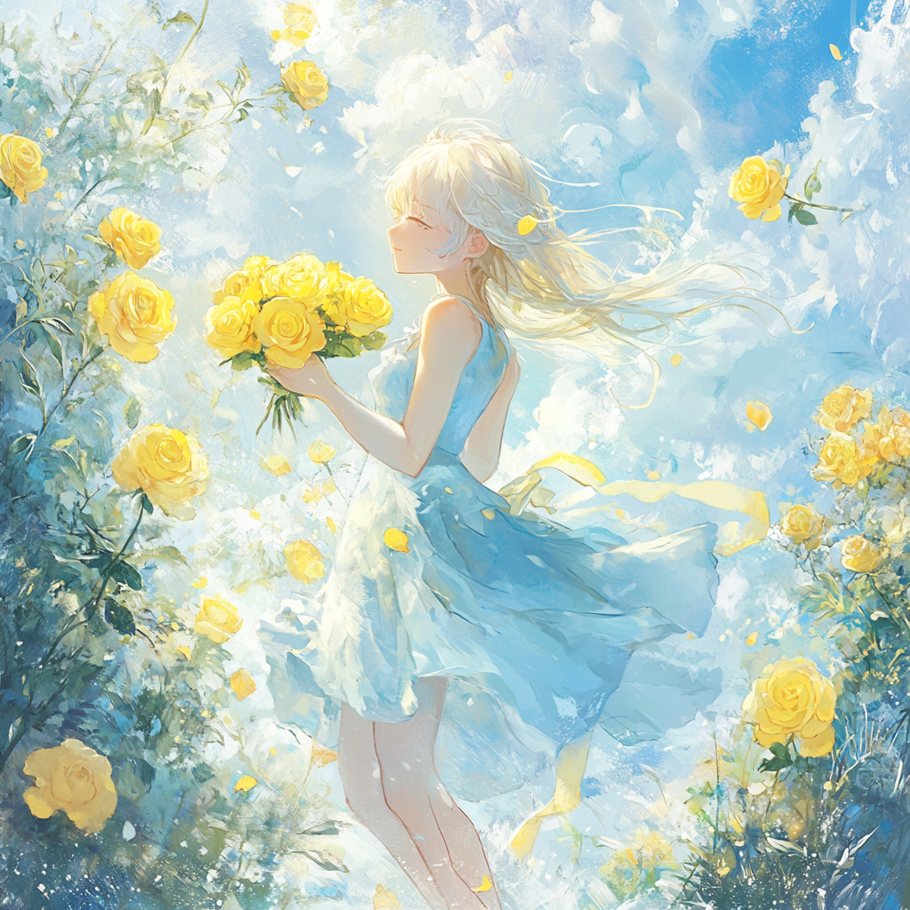 Girl holding yellow roses in pastel anime garden.