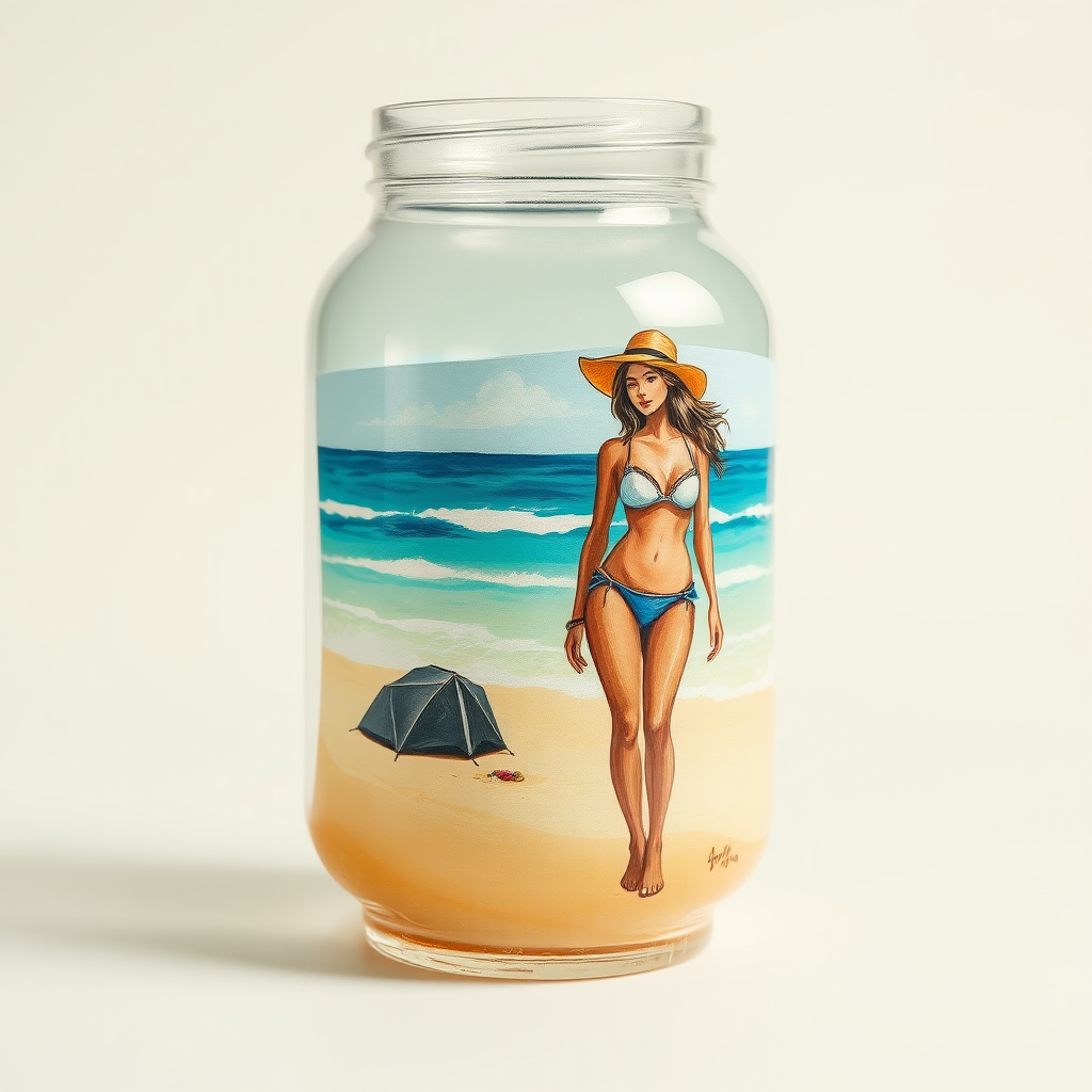 Girl in Bikini Painting on Glass Container