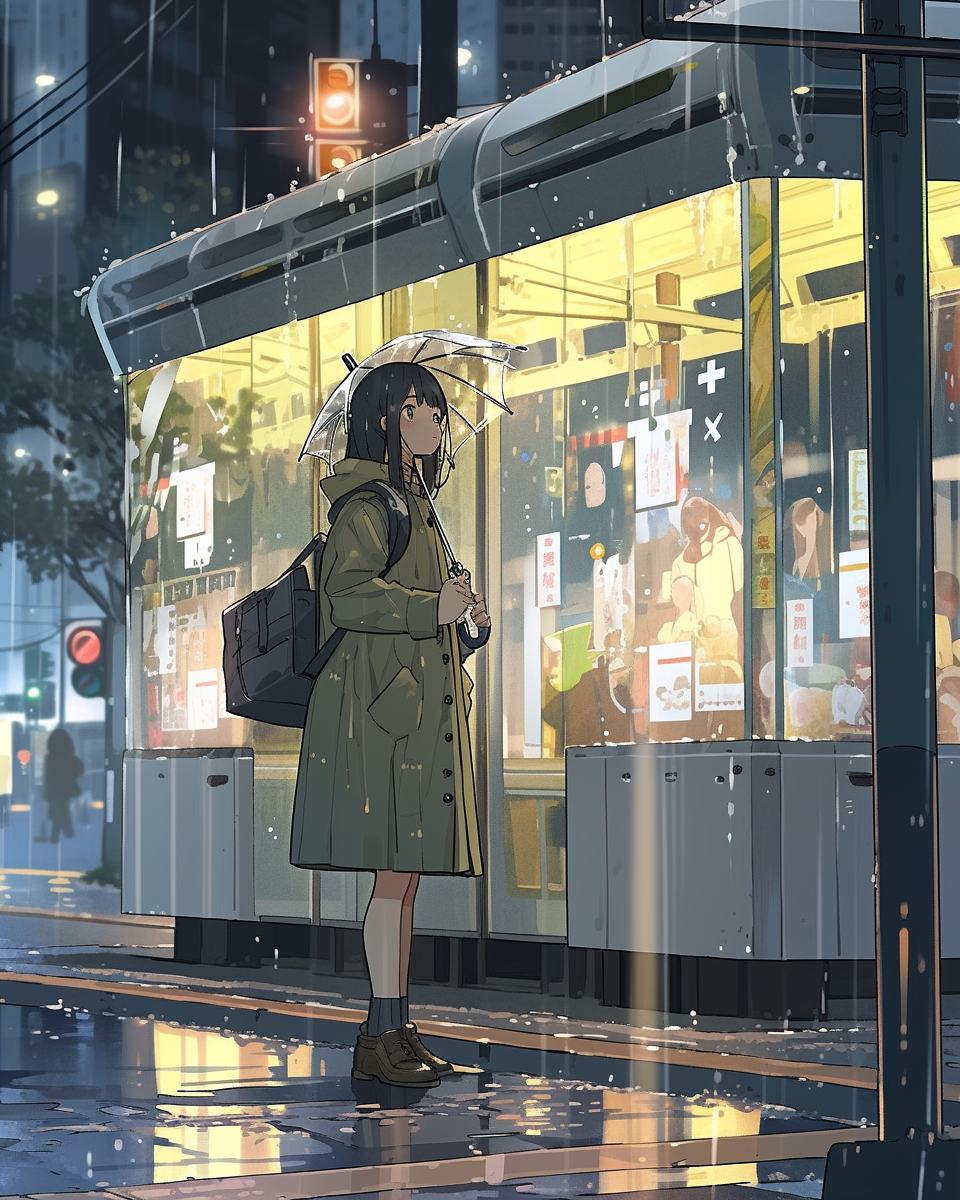 Girl in Tokyo bus stop, anime style, city view.