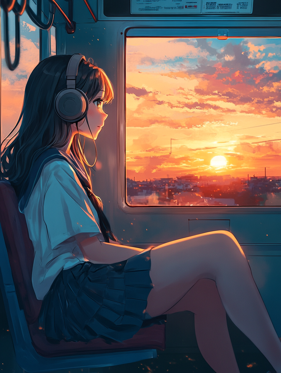 Girl in anime style with headphones on train.